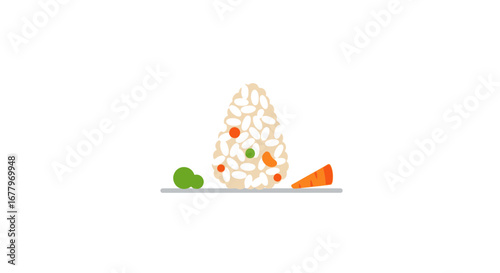 Minimalist rice ball composition with fresh vegetables on clean background