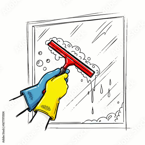 Hand in a protective glove cleaning a soapy window with a squeegee, illustrating the concept of household chores and hygiene