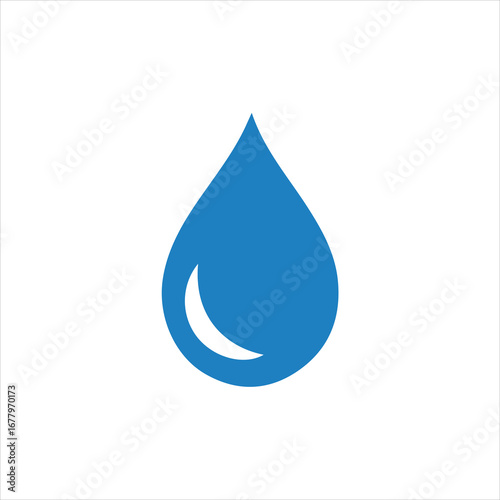 Blue water drop icon with a crescent highlight on white background liquid symbol