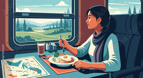 Illustration of a woman enjoying a meal during a scenic train journey