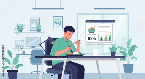 Illustrative depiction of a man having lunch while working from a home office environment