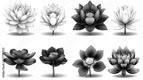 Grayscale Lotus Illustration Set on White Surface: 8 Pieces in Grid (Different Blooming Stages/Angles, Lines & Shadows for Depth, with Soft Shadows)