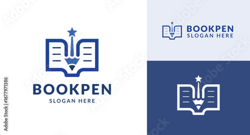 Modern Open Book and Pencil with Star Logo Design.