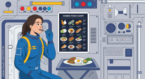 Astronaut enjoying mealtime in a spaceship interior with cosmic food chart