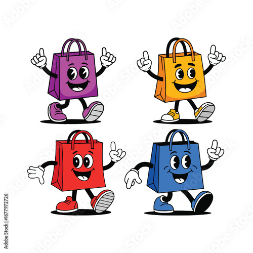 Four colorful cartoon shopping bags with happy expressions and pointing hands.