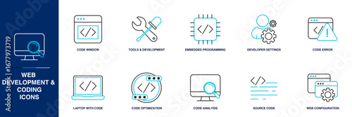 Web Development & Coding Blue Colored Outline Icon Set