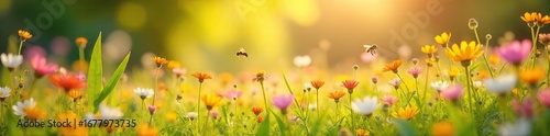 A vibrant summer meadow bursting with wildflowers, buzzing with bees, bathed in golden sunlight  Perfect for nature, spring, summer, and environmental themes ,  ecology,  buttercup