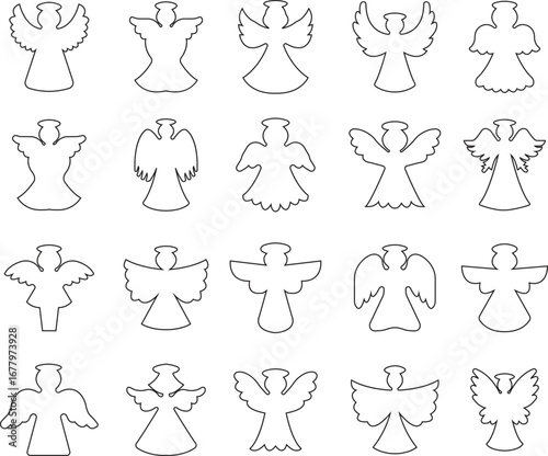 Angel silhouettes black outline icon set. Holy spirit wings halo vectors design collection, religious guardian celestial figure symbolic illustration for Christmas, faith, spirituality and heaven art.