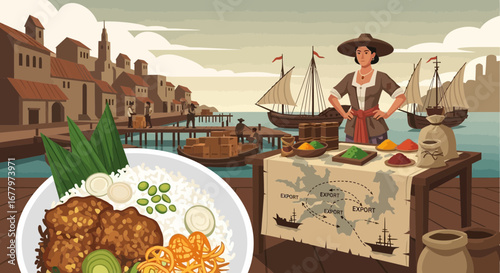 Historical spice trade scene with merchant woman and maritime port illustration