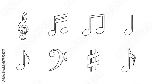 Outline Musical Notes and Symbols Collection: Treble Clef, Bass Clef, Sharp, and Various Note Values