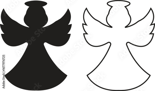 Angel silhouettes black flat, outline icons set. Holy spirit wings halo vectors collection, religious guardian celestial figure symbolic illustration for Christmas, faith, spirituality and heaven art.