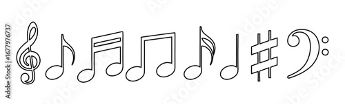 Musical Symbols and Notes Line Art Collection - Treble Clef, Bass Clef, Sharp Sign, and Various Music Notes