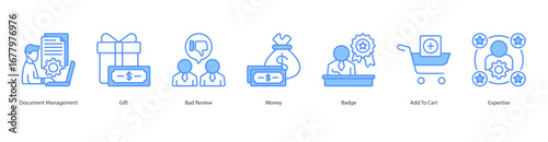 Customer Experience Flow banner web icon set vector illustration concept with icon of document management, gift, bad review, money, badge, add to cart, expertise