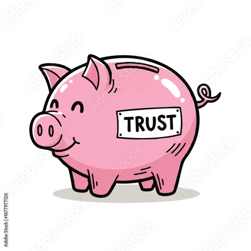 Happy Piggy Bank with Trust Label - Symbolizing Financial Security and Savings