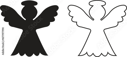 Angel silhouettes black flat, outline icons set. Holy spirit wings halo vectors collection, religious guardian celestial figure symbolic illustration for Christmas, faith, spirituality and heaven art.