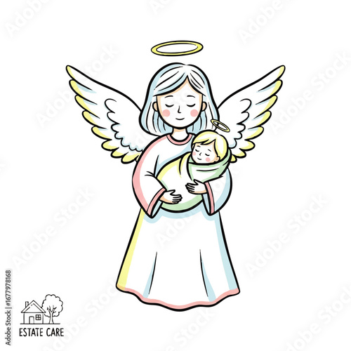 Angel carrying a baby with halo and wings, symbol of protection, care, and divine love