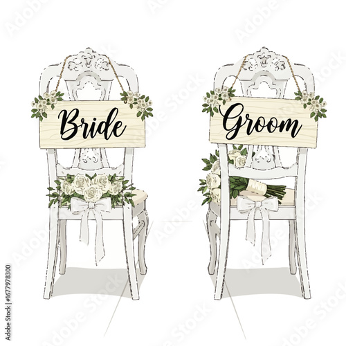 Elegant Wedding Chair Decor Bride & Groom Signs with Floral Arrangements