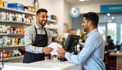 Friendly pharmacist in an apron providing excellent service to a smiling male customer at the checkout counter of a modern drugstore