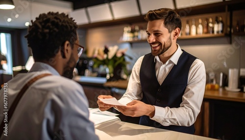 Smiling bartender handing a receipt to a customer in a well-lit restaurant, positive interaction
