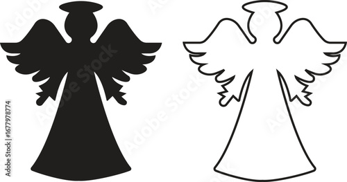 Angel silhouettes black flat, outline icons set. Holy spirit wings halo vectors collection, religious guardian celestial figure symbolic illustration for Christmas, faith, spirituality and heaven art.