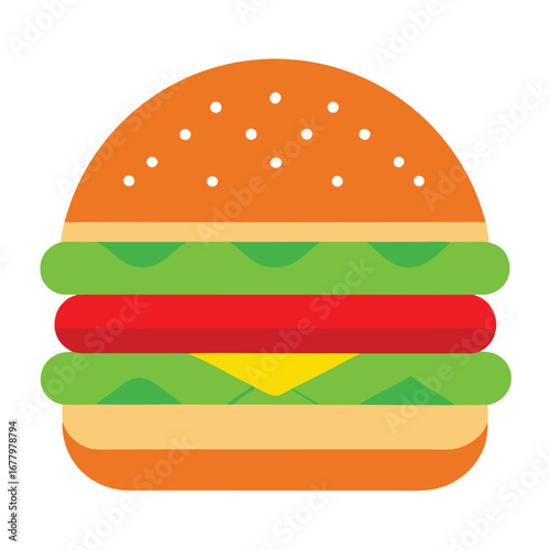 Colorful Flat Design Illustration of a Hamburger with Lettuce Tomato and Cheese cheeseburger fast food