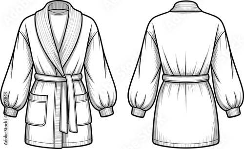 Cardigan sweater flat sketch, front and back views, belted waist, shawl collar, long puff sleeves, patch pockets, ribbed cuffs, knitted texture, fashion design illustration, cozy casual wear