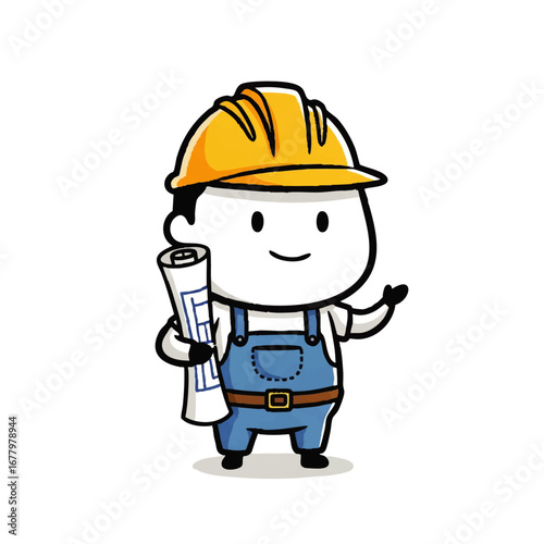 A cheerful little cartoon builder character mascot wearing a hard hat and overalls while holding a project blueprint and waving in a friendly gesture