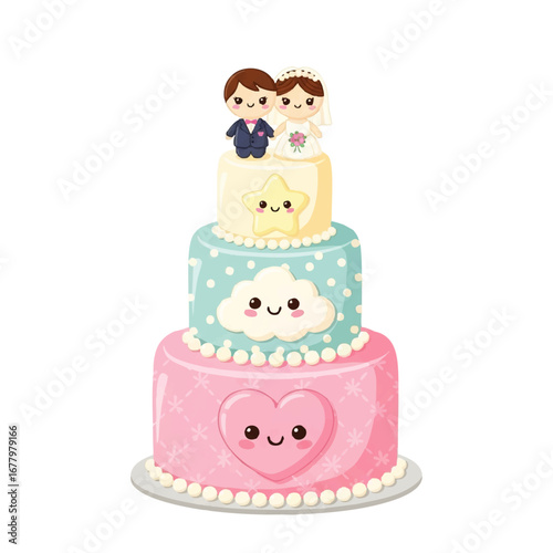 Cute cartoon wedding cake with bride and groom figures on top, decorated with hearts and stars