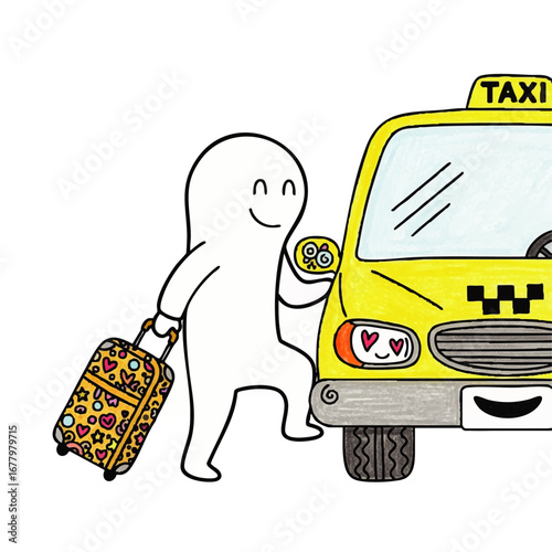 Happy Traveler Catching a Taxi Whimsical Illustration