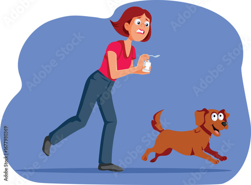 Woman Chasing her Pet Dog with Medicine Vector Cartoon Illustration. Funny doggies trying to escape treatment and care 
