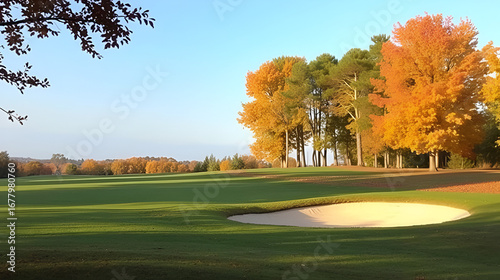 Autumn view of ninth hole with bunker and trees on golf course