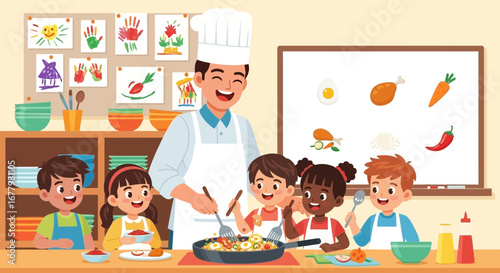 Enthusiastic Chef Inspiring Young Culinary Minds in a Vibrant Kitchen Setting