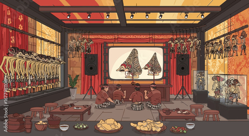 Vibrant Indonesian Wayang Kulit Puppet Show Performance and Cultural Gathering