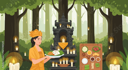 Balinese offering ceremony in a serene forest setting with traditional elements
