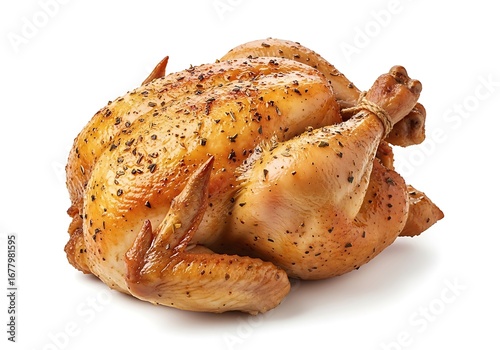 Whole roasted chicken seasoned with herbs and spices isolated on white background