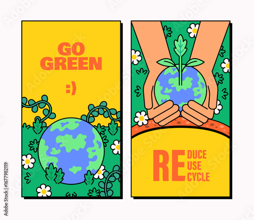 Vector illustration of environmental awareness posters featuring the Earth, plants, flowers, and motivational text, Minimal flat style emphasizing sustainability, ecology, and protecting nature