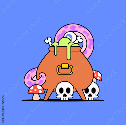 Cartoon cauldron with tentacles and skulls illustration sticker design halloween icon