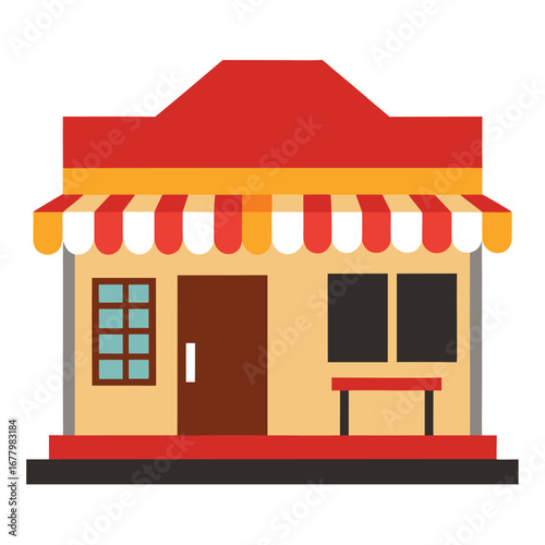 Flat Design Storefront With Red Awning And Bench shop building