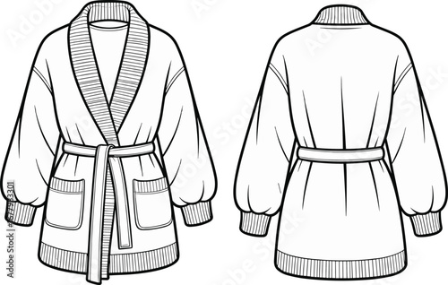 Knitted cardigan fashion flat sketch, cozy belted sweater design, long sleeves, ribbed cuffs, shawl collar, patch pockets, casual knitwear illustration, garment template, apparel technical flat vector