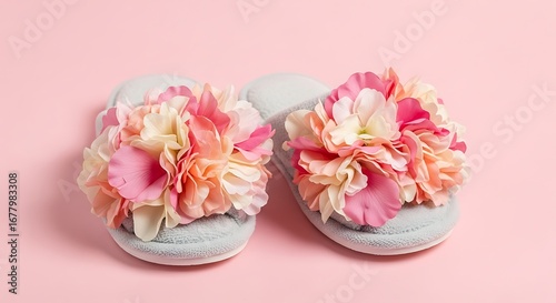 Gray Slippers Decorated with Pink Flowers on Pink Background