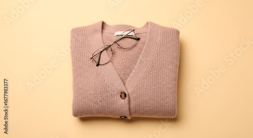 Folded Beige Cardigan with Stylish Glasses on Neutral Background