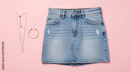 Denim Skirt and Gold Jewelry on Pink Background