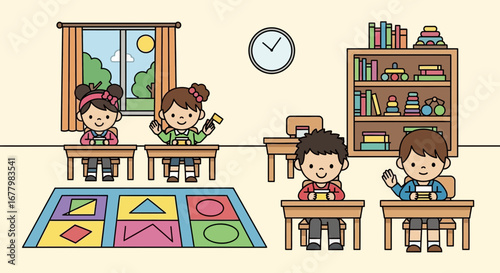 Illustrative classroom scene featuring children learning geometry and playing happily
