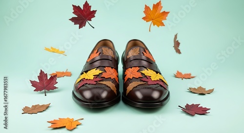 Brown Leather Shoes with Colorful Autumn Leaves on Light Blue Background