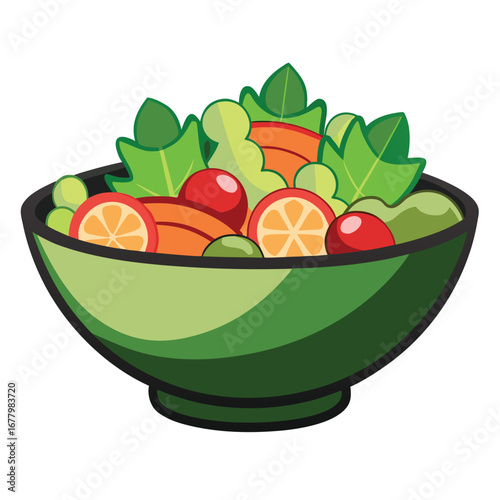 Green Bowl Filled With Fresh Salad And Sliced Vegetables food fruits