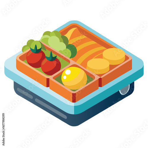 Isometric Illustration of a Bento Box Lunch with Food Compartments meal healthy
