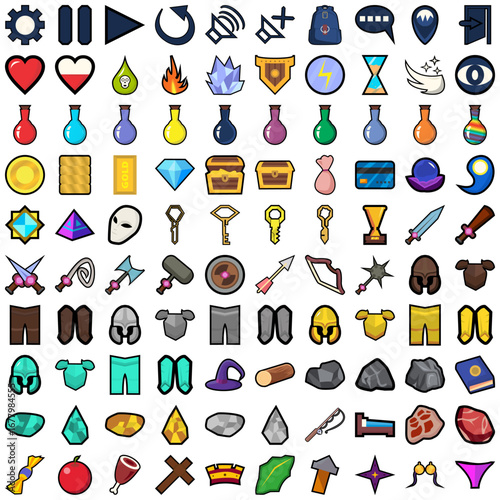 Colorful vector pack of 100 RPG icons including potions, weapons, armor, treasures, resources, and UI elements. Perfect for fantasy, adventure, and role-playing games.