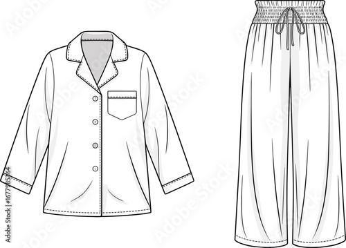 Pajama set flat sketch, sleepwear top and bottom, buttoned nightshirt with drawstring pants, fashion illustration, clothing template, loungewear design, apparel vector drawing