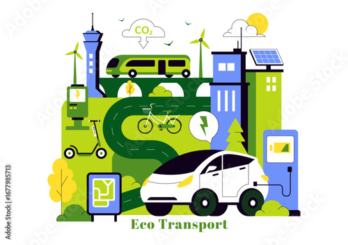 Eco Friendly Transportation Illustration featuring the Combination of Multiple Travel Modes for Efficiency in Urban Transport Methods in a Background