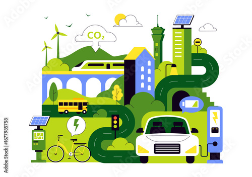 Eco Friendly Transportation Illustration featuring the Combination of Multiple Travel Modes for Efficiency in Urban Transport Methods in a Background